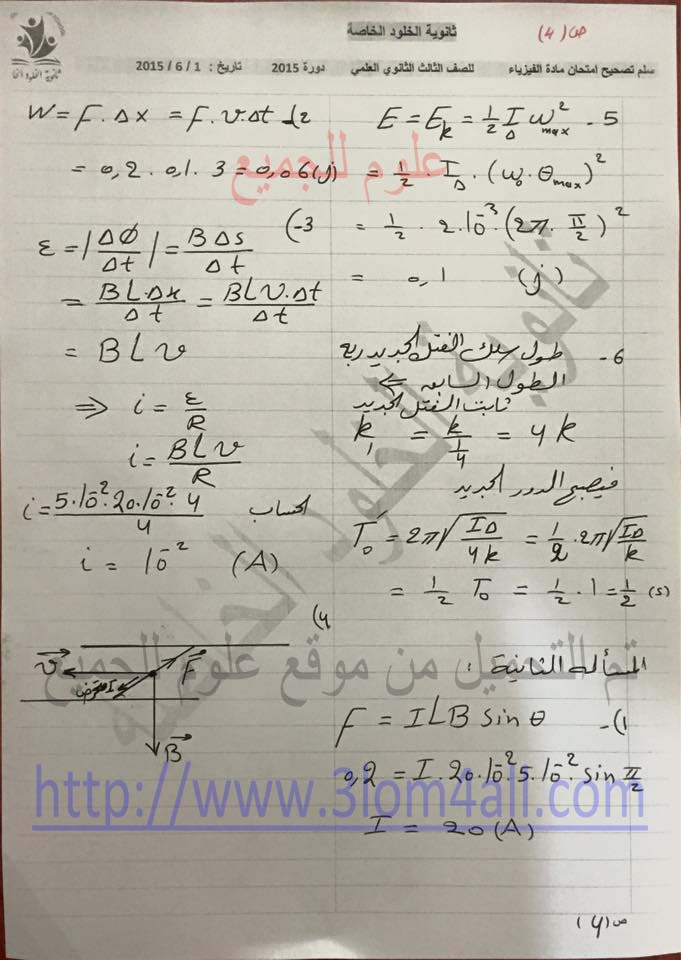 حل ورقة امتحان الفيزياء البكالوريا العلمي 2015 