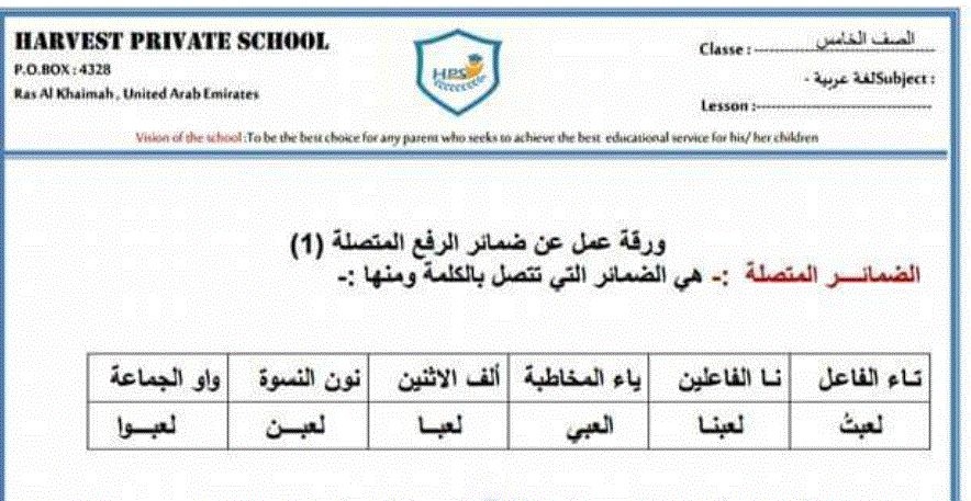 ورقة عمل الضمائر المتصلة اللغة العربية الصف الخامس - مناهج الامارات  Education