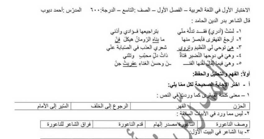 التاسع اللغة العربية نماذج امتحانية شاملة الفصل الأول